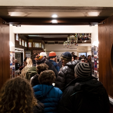 A crowd walking into the Capitol Theatre in Nelson, BC during the Banff Mountain Film Festival