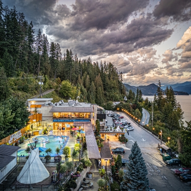 An aerial shot of Ainsworth Hot Springs Resort in BC.