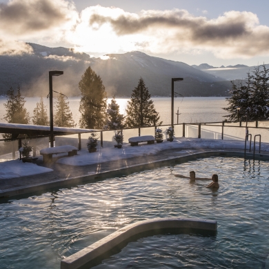 Ainsworth Hot Springs, near Nelson, with the main pool lit by the setting sun.