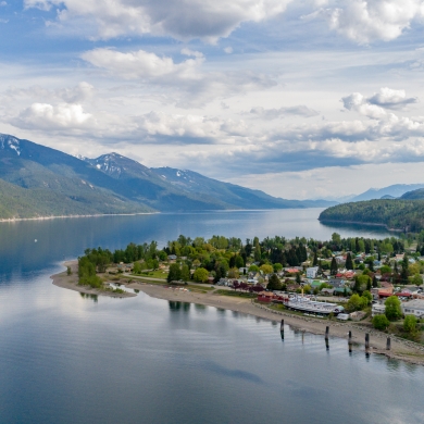 Aerial shot of Kaslo, BC in the summer.