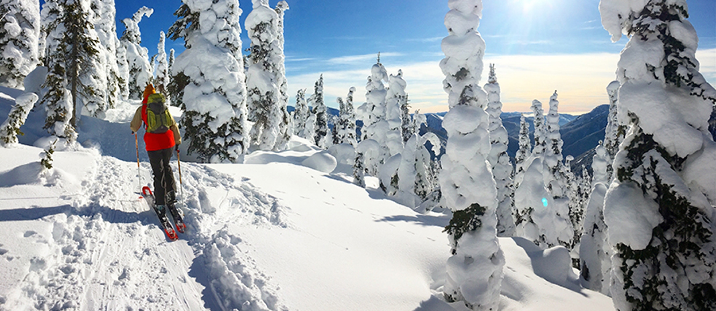 A person ski touring on a sunny day on Powder Highway, BC