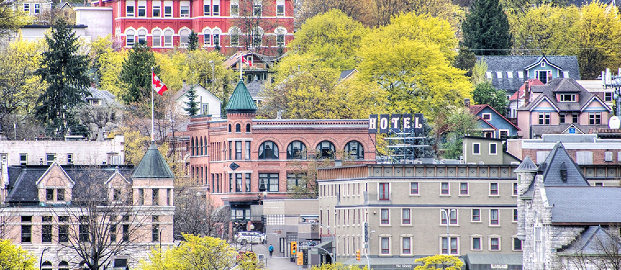 The Hume Hotel and surrounding heritage buildings covered in spring, Nelson, BC