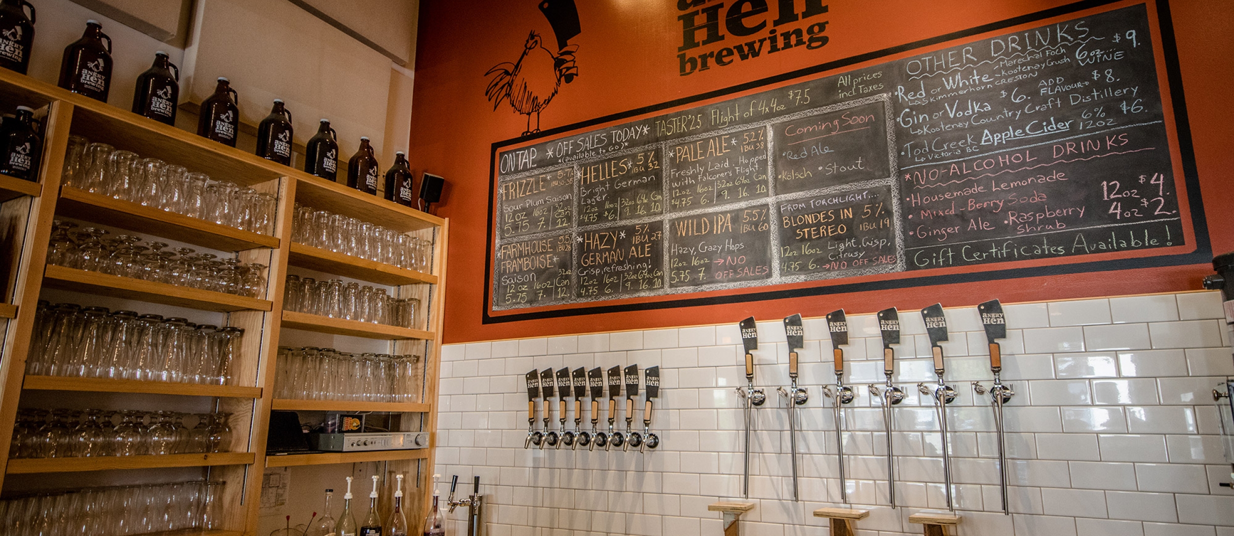 The bar and taps at Angry Hen Brewing Company in Kaslo, BC