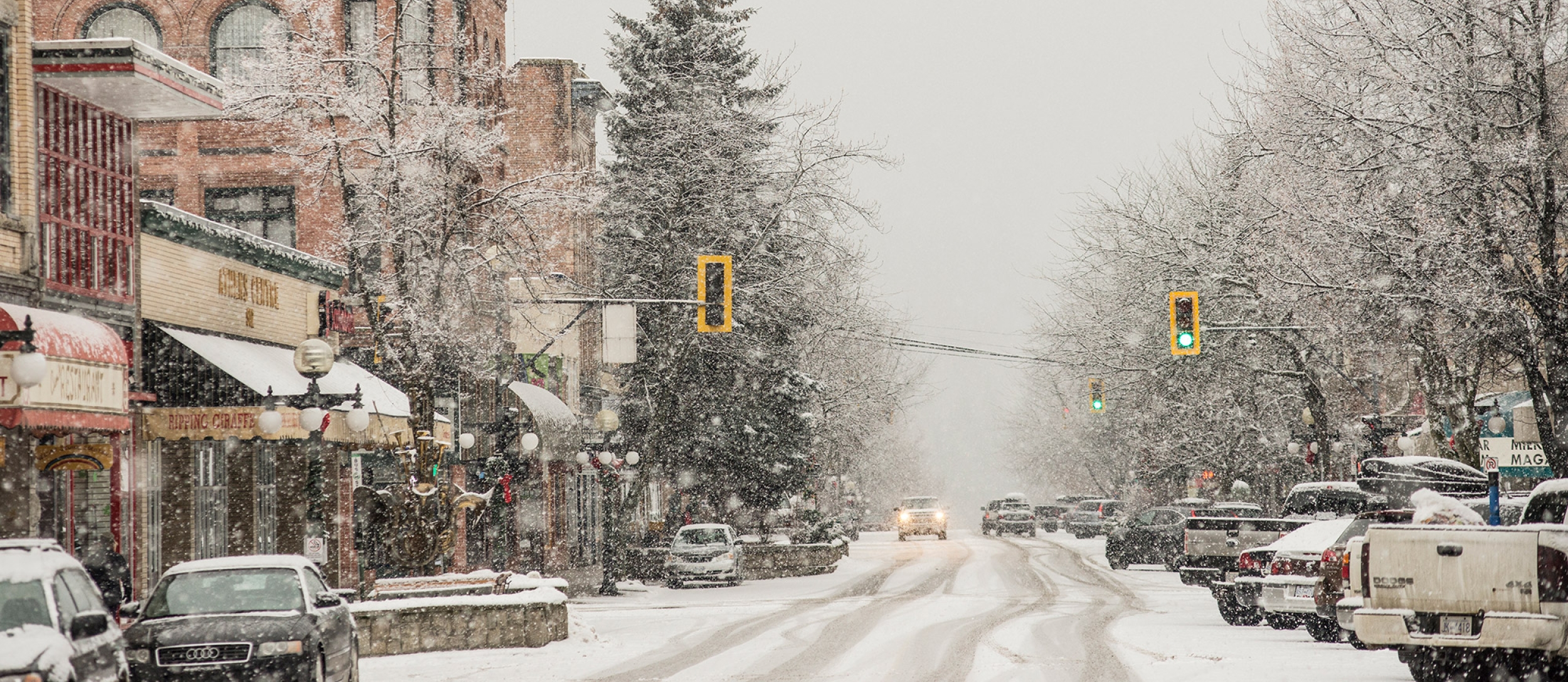 Downtown Nelson BC during a very snowy day.