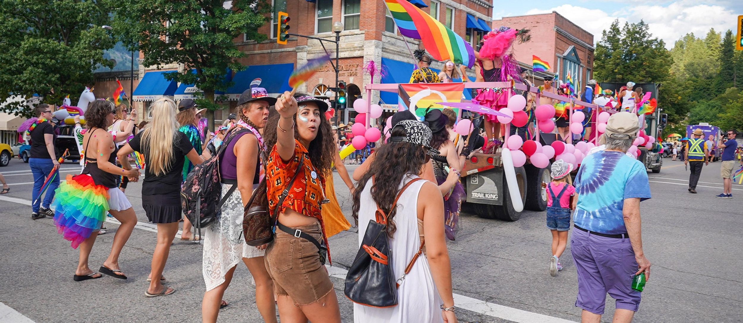 A colourful pink-themed float in the annual Kootenay Pride parade in Nelson BC