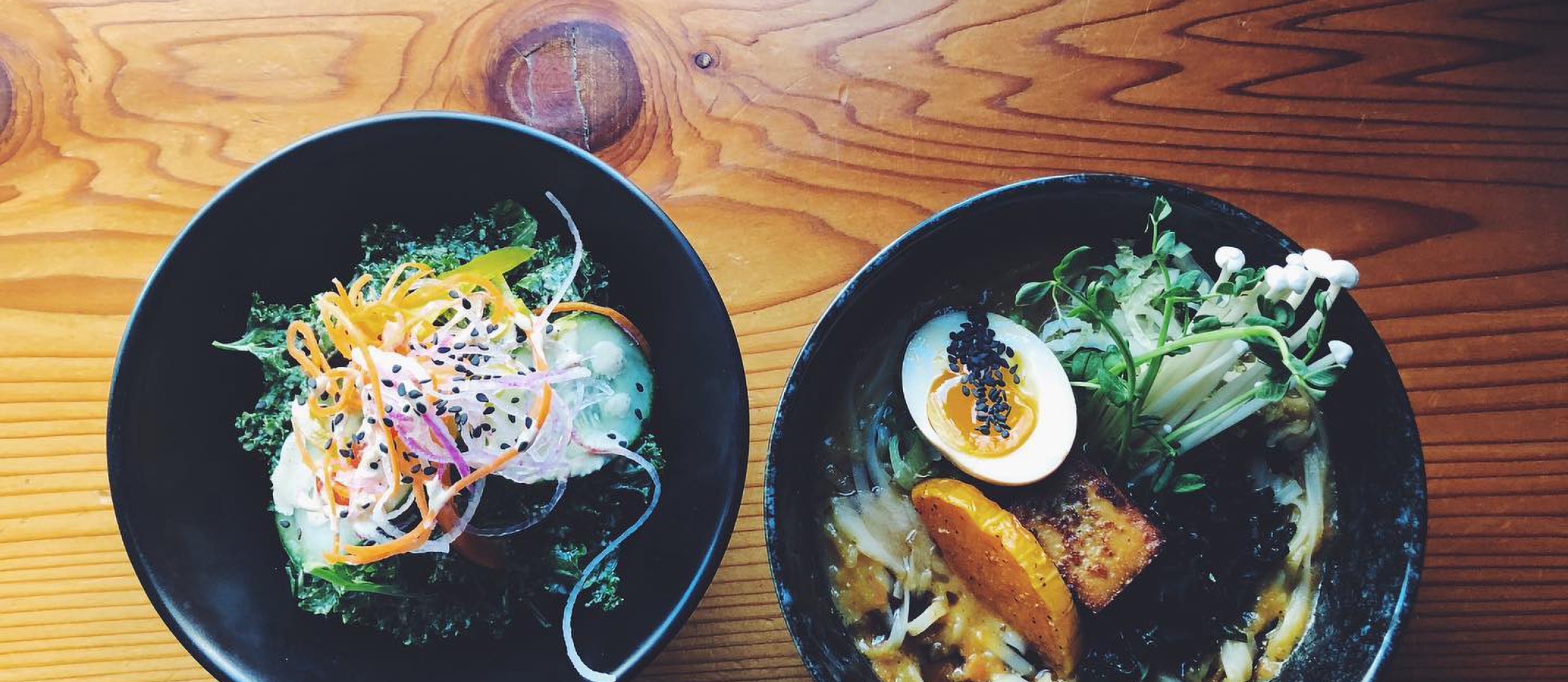 A ramen bowl viewed from above, from Red Light Ramen in Nelson BC