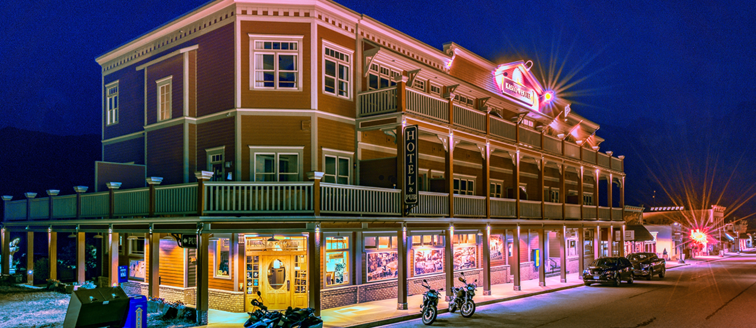 The Kaslo Hotel looking lively in the evening.