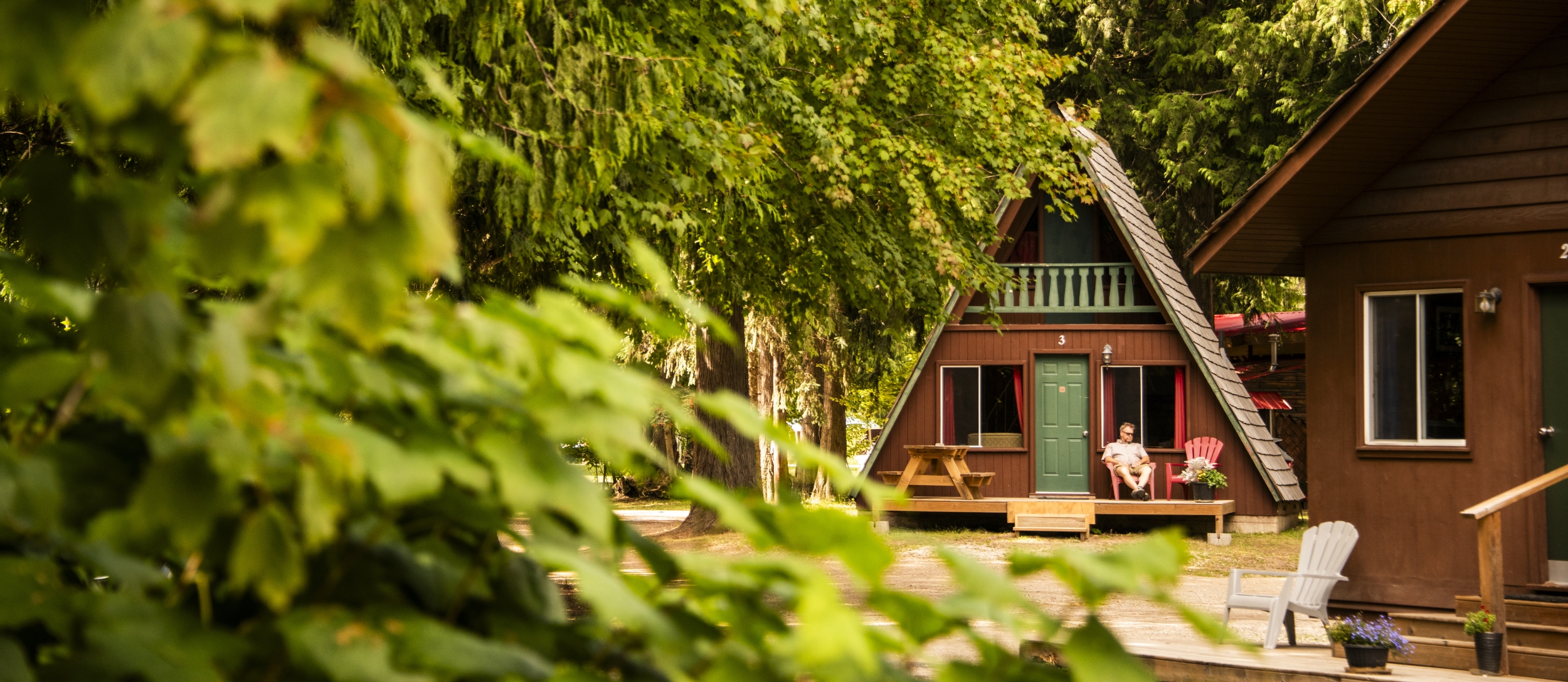 Cabins with green and red details, hidden amongst the trees, with a person lounging on the deck.