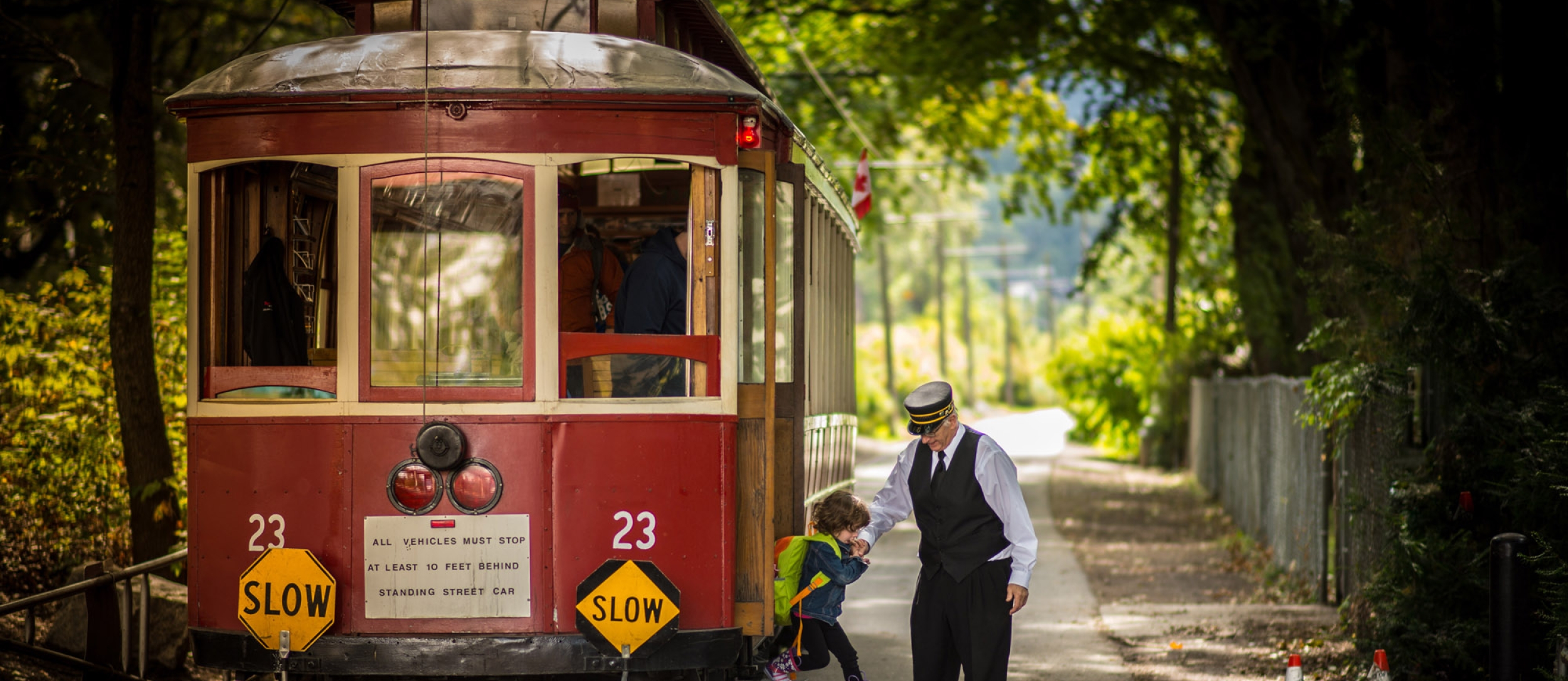 Streetcar #23 in Nelson BC, a park-side tram running daily throughout the summer.