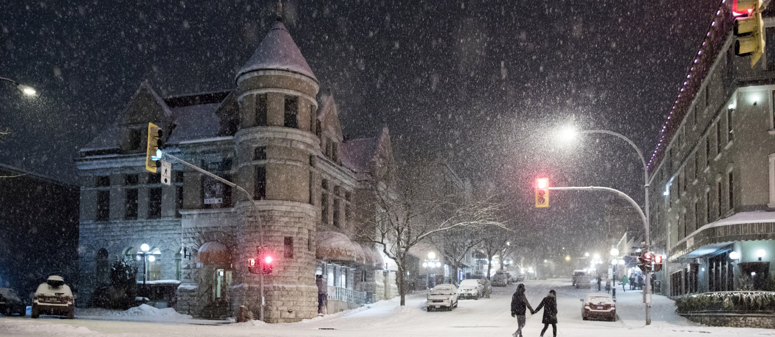 The Nelson Museum, Archives & Gallery in Nelson, BC on a snowy night.