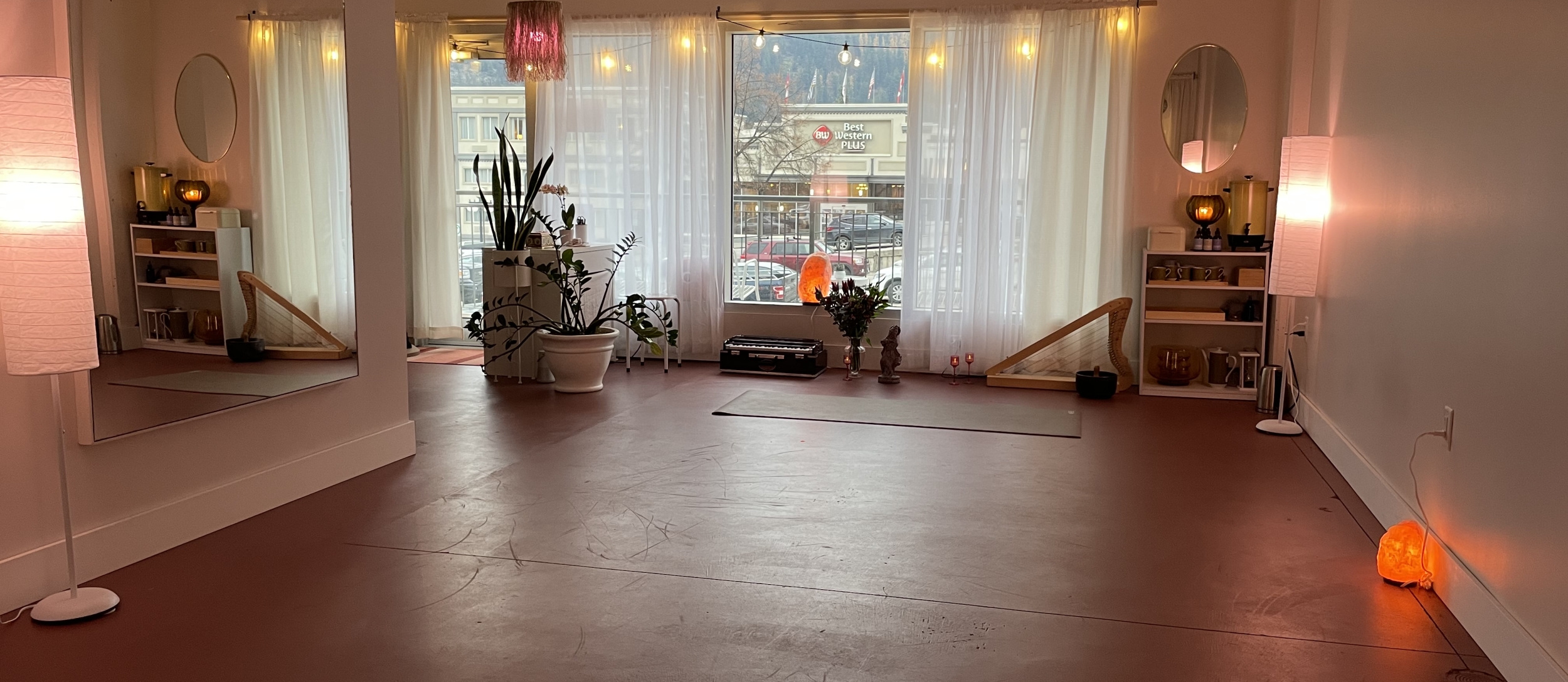 Interior of yoga studio lighted tastefully