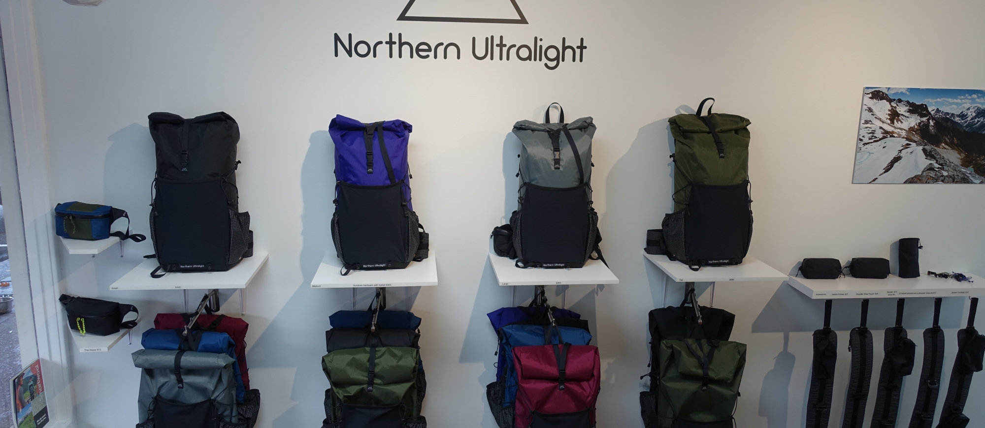 Northern Ultralight products on a backlit display shelf