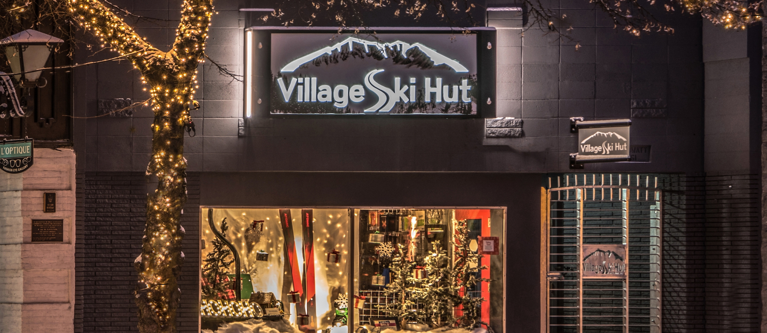 The outside of the Village Ski Hut building on Baker Street in Nelson, BC.