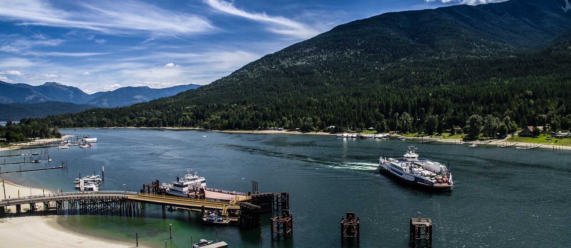 The Kootenay Lake Ferry about to pull into the Balfour Ferry Terminal