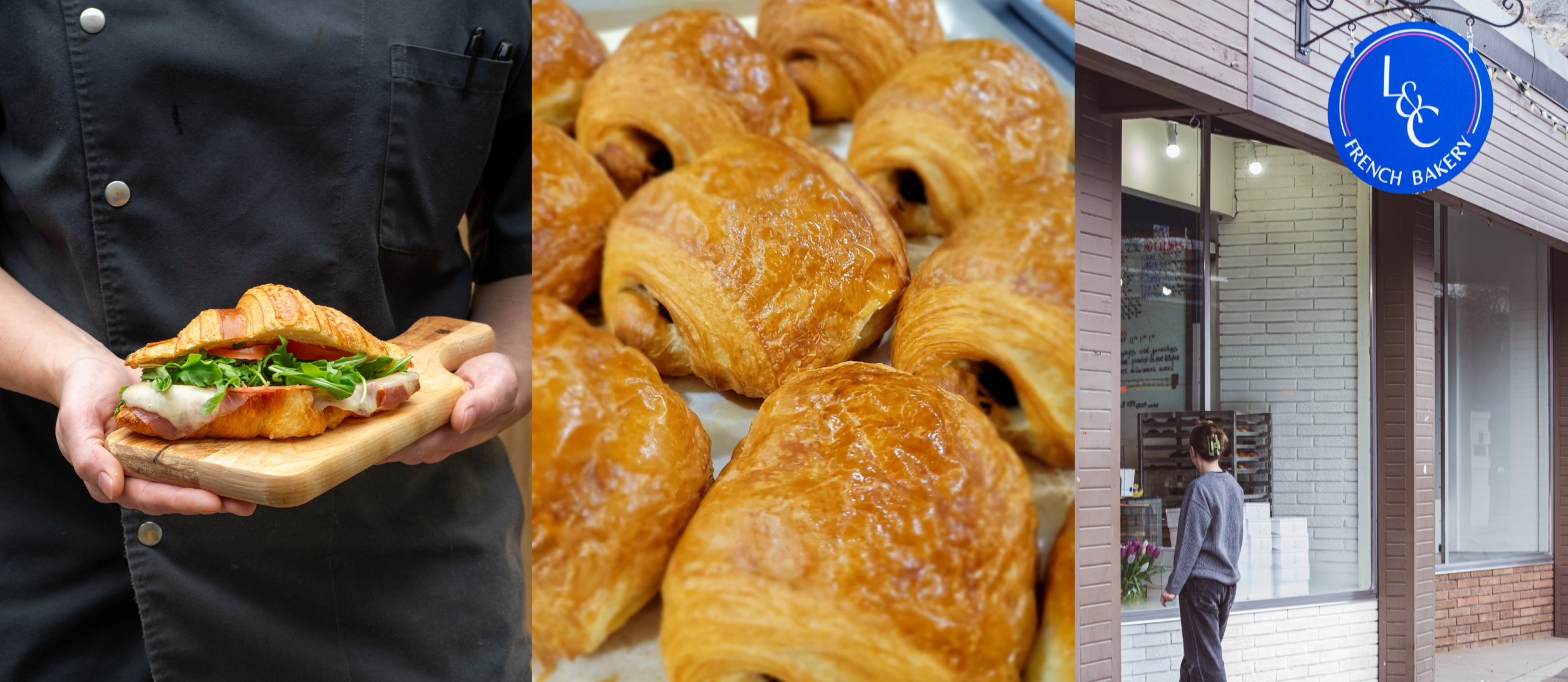 L&C Bakery - Baker Street (hand holding sandwich, croissants and storefront)