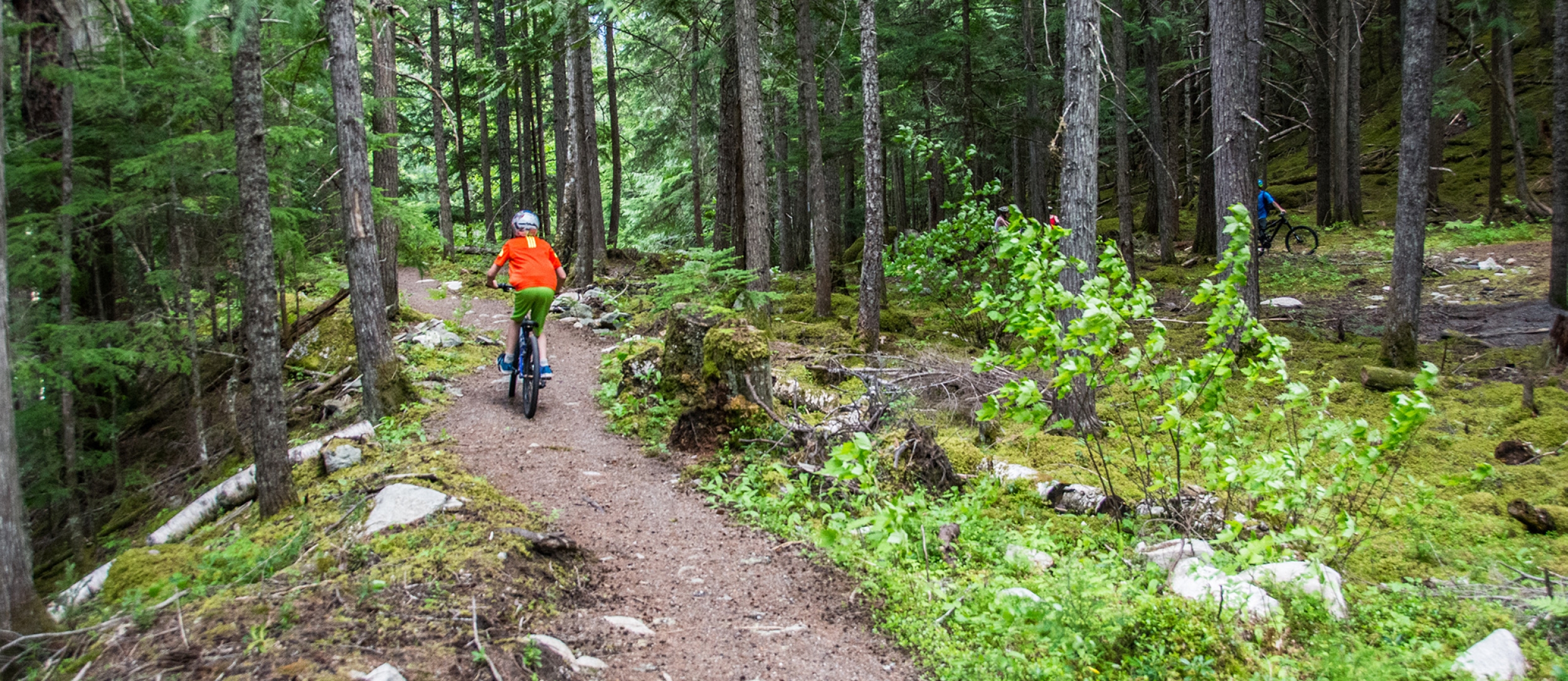 A boy riding his bike on trail in Kaslo, BC.