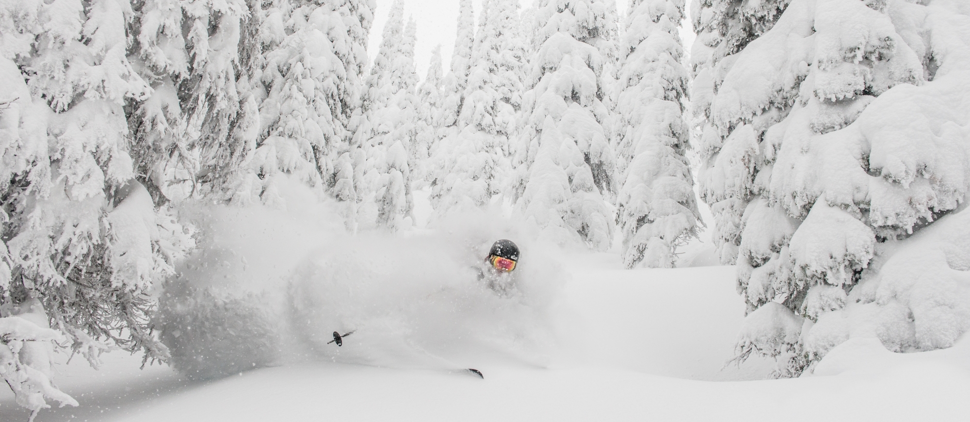 A person skiing in deep powder at Whitewater.
