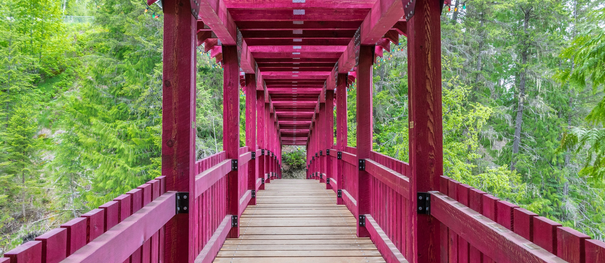 One of the large red bridges along the Kaslo River Trail