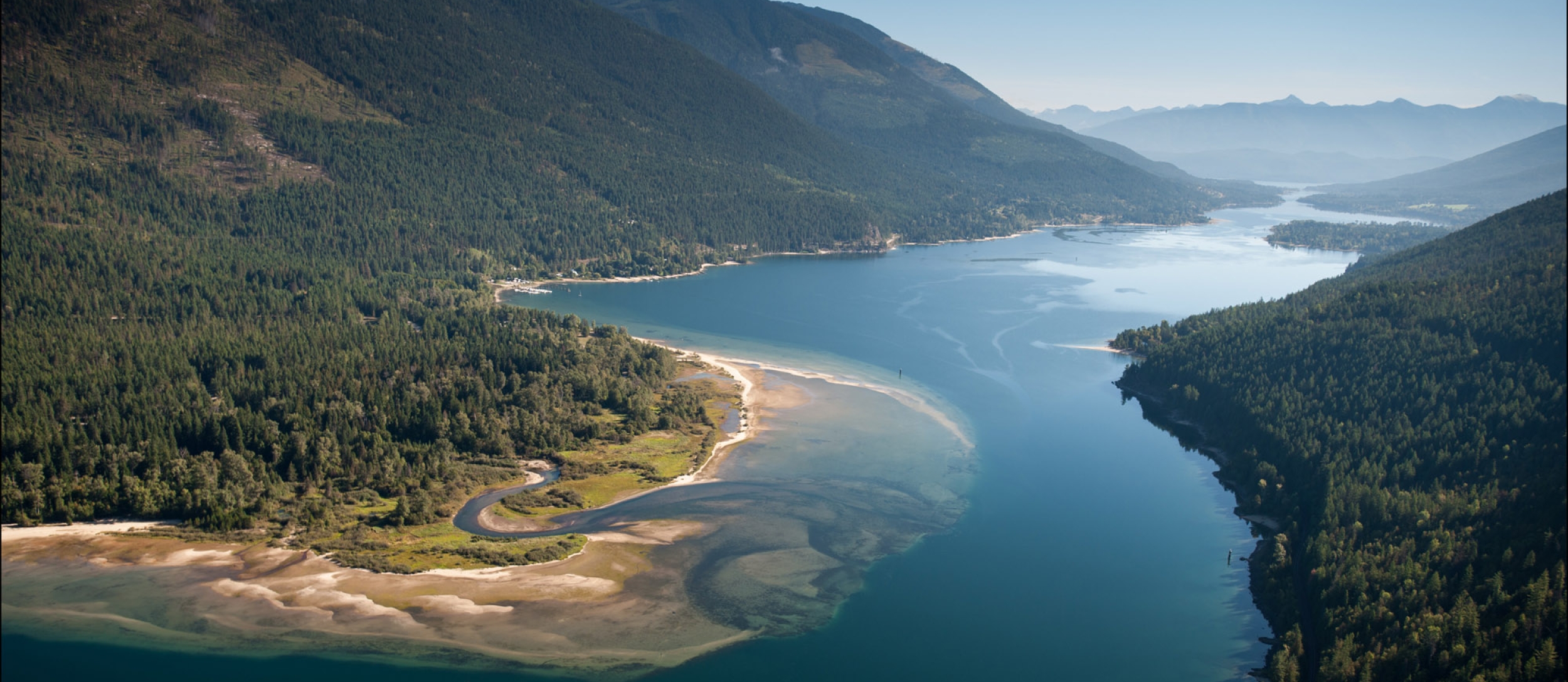 Aerial view of Kokanee Creek flowing into Kootenay Lake near Nelson, BC.