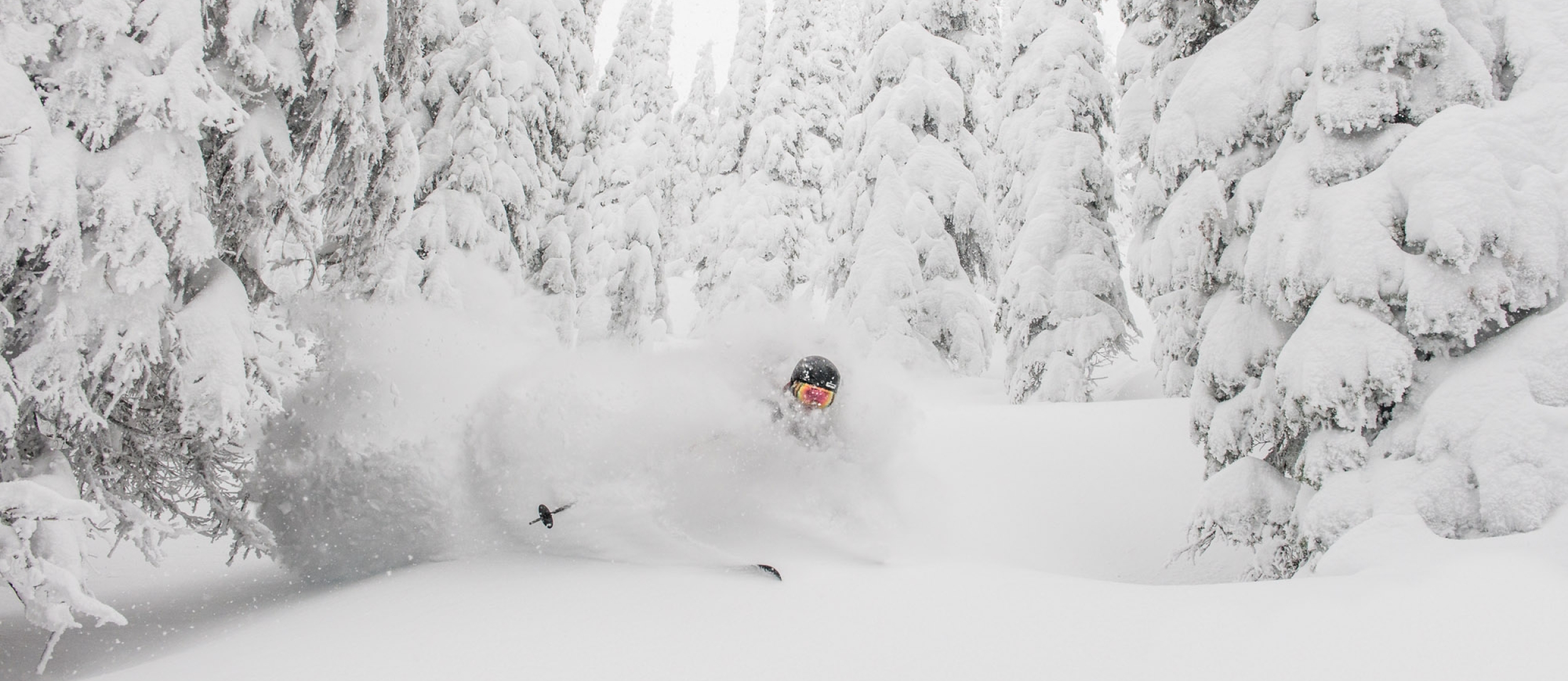 A skiier in deep powder at Whitewater Ski Resort near Nelson, BC.