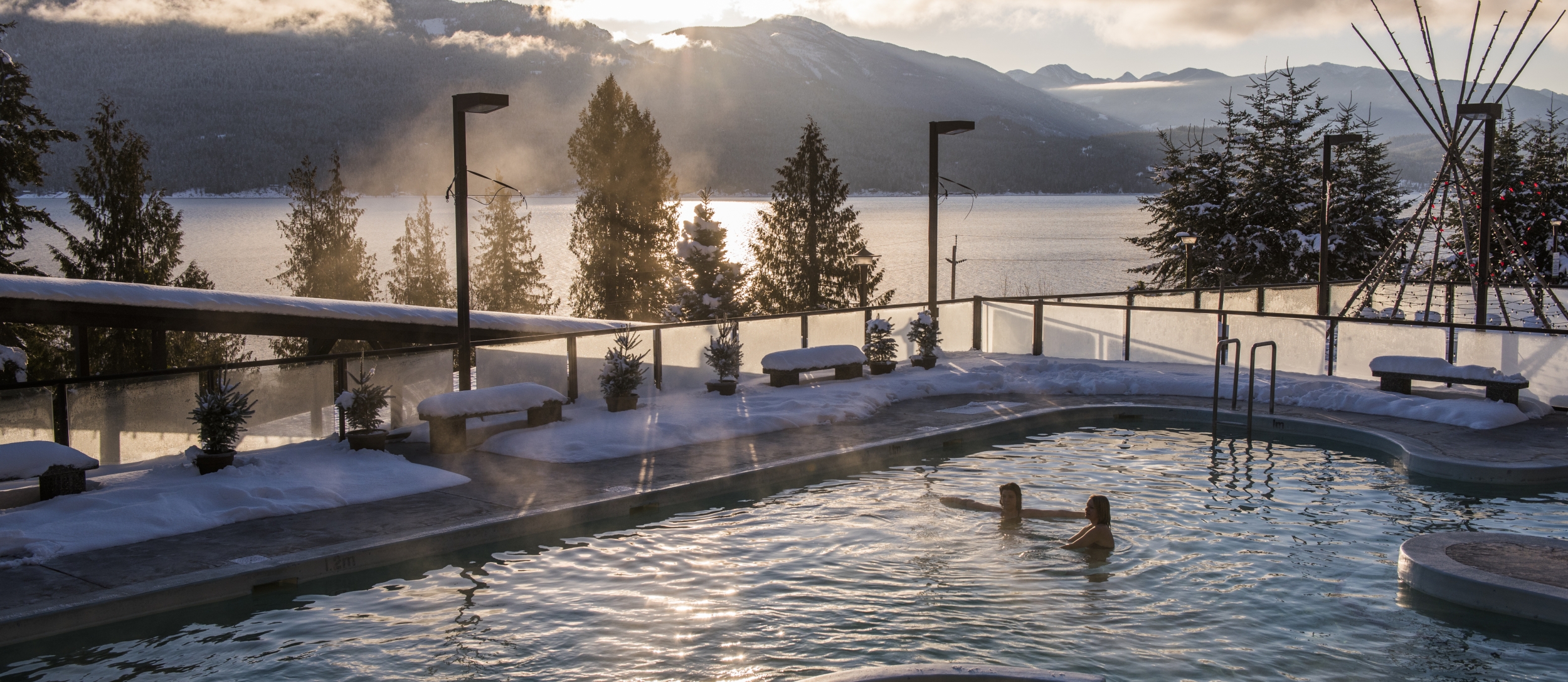 Ainsworth Hot Springs, near Nelson, with the main pool lit by the setting sun.