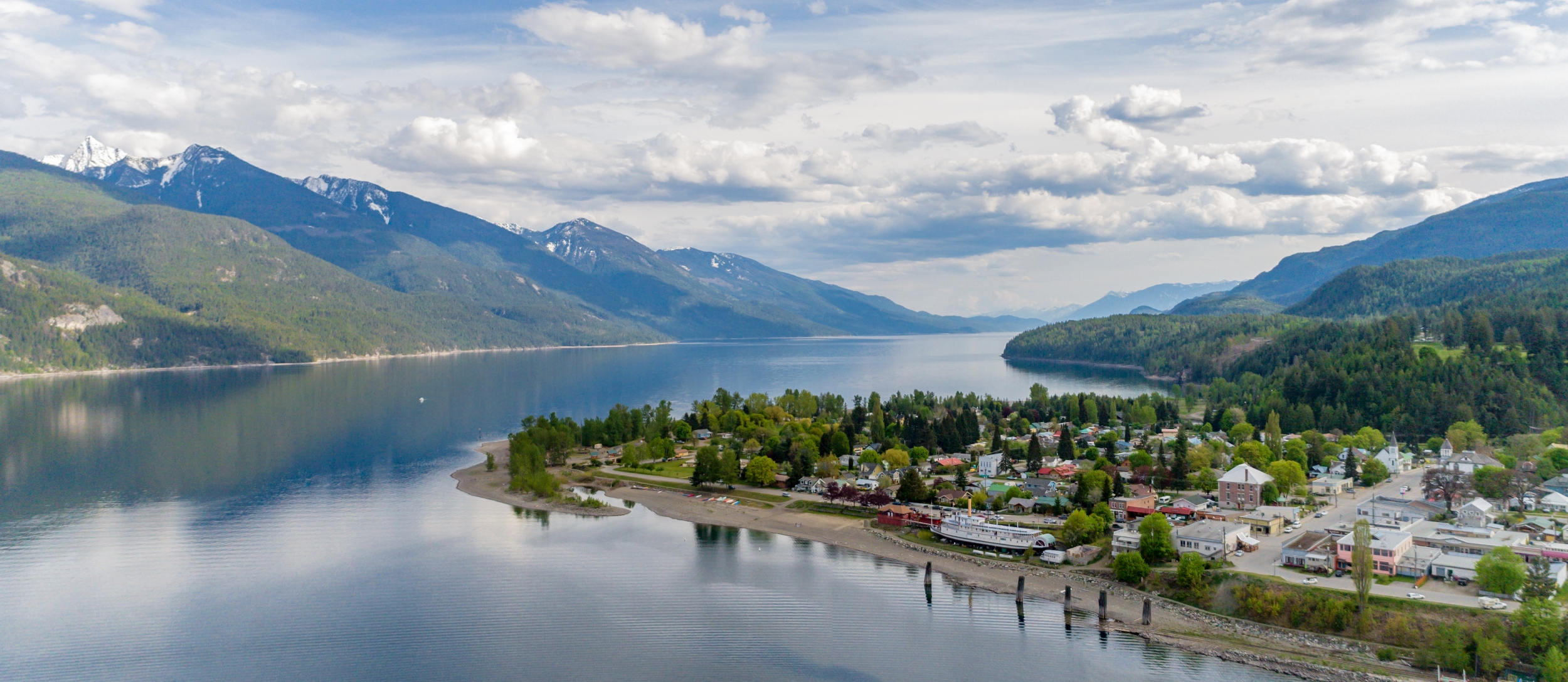 Aerial shot of Kaslo, BC in the summer.