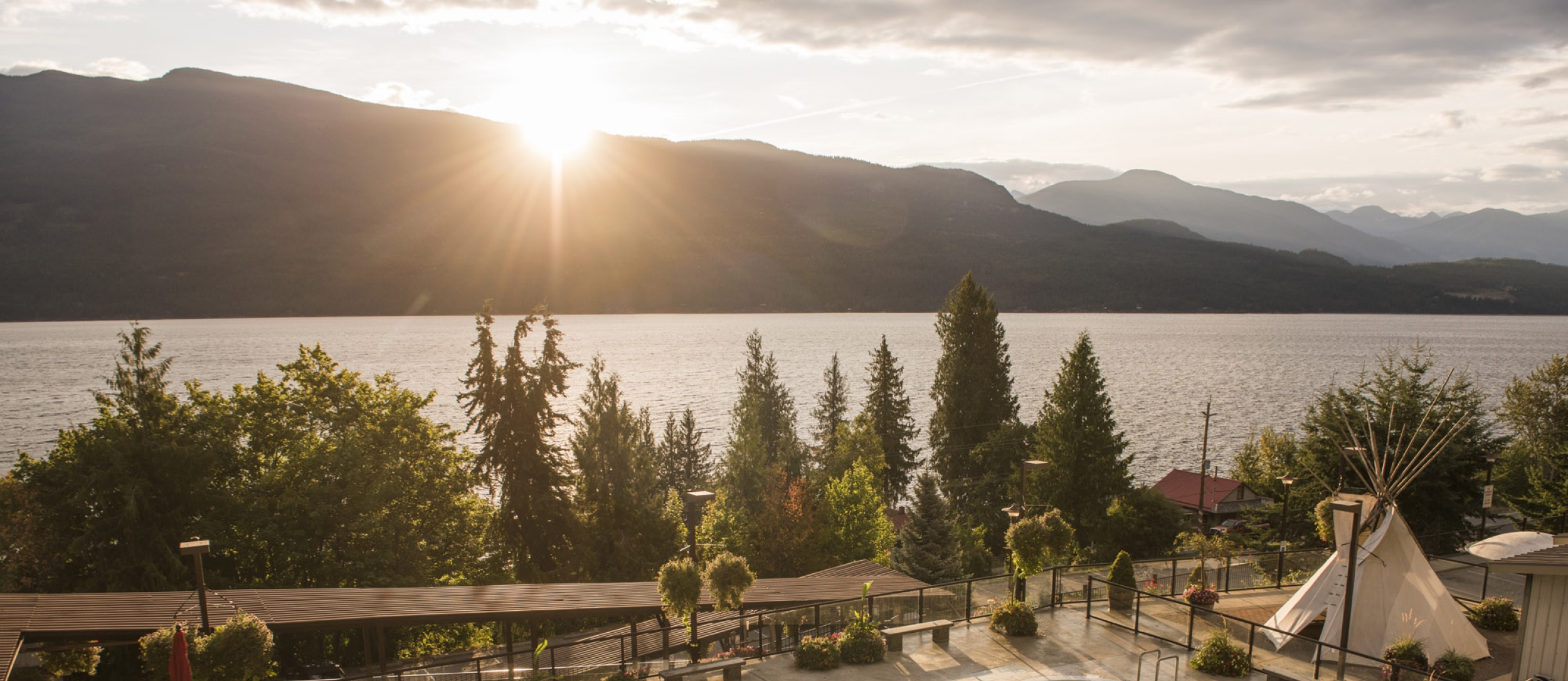 Ainsworth Hot Springs, near Nelson, with the main pool lit by the setting sun.