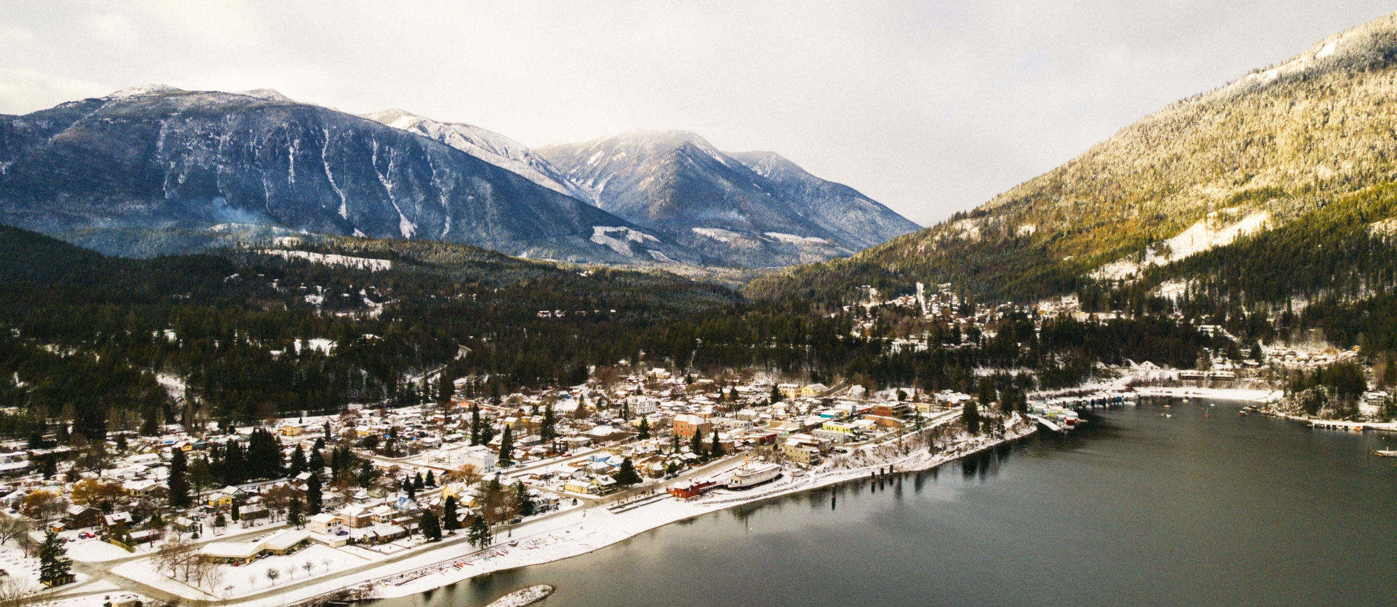 Aerial shot of Kaslo in the winter