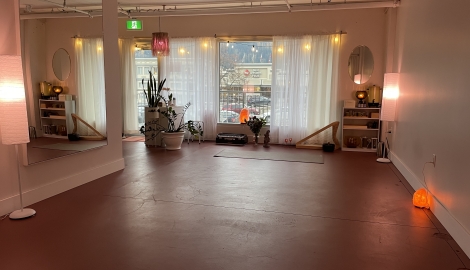 Interior of yoga studio lighted tastefully