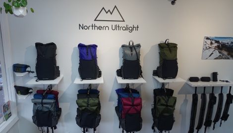 Northern Ultralight products on a backlit display shelf