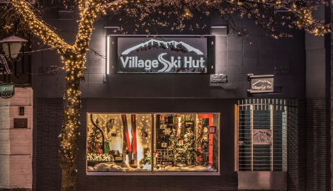 The outside of the Village Ski Hut building on Baker Street in Nelson, BC.