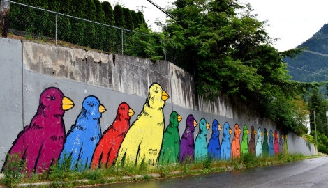 Tribute to JP Auclair, mural of brightly coloured birds