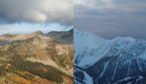 Mountain landscape in summer and winter.