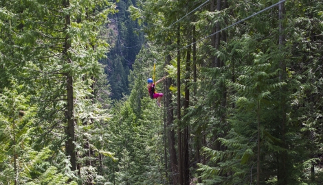 young girl in pink zip-lining through the forest in Kokanee Provincial Park