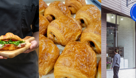 L&C Bakery - Baker Street (hand holding sandwich, croissants and storefront)